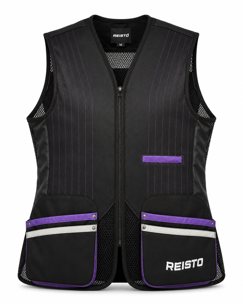 REISTO® Women’s Signature Clay Shooting Vest in black and purple, shown front-facing with purple stitched padded panels, large cartridge pockets, mesh sides and REISTO® logo.