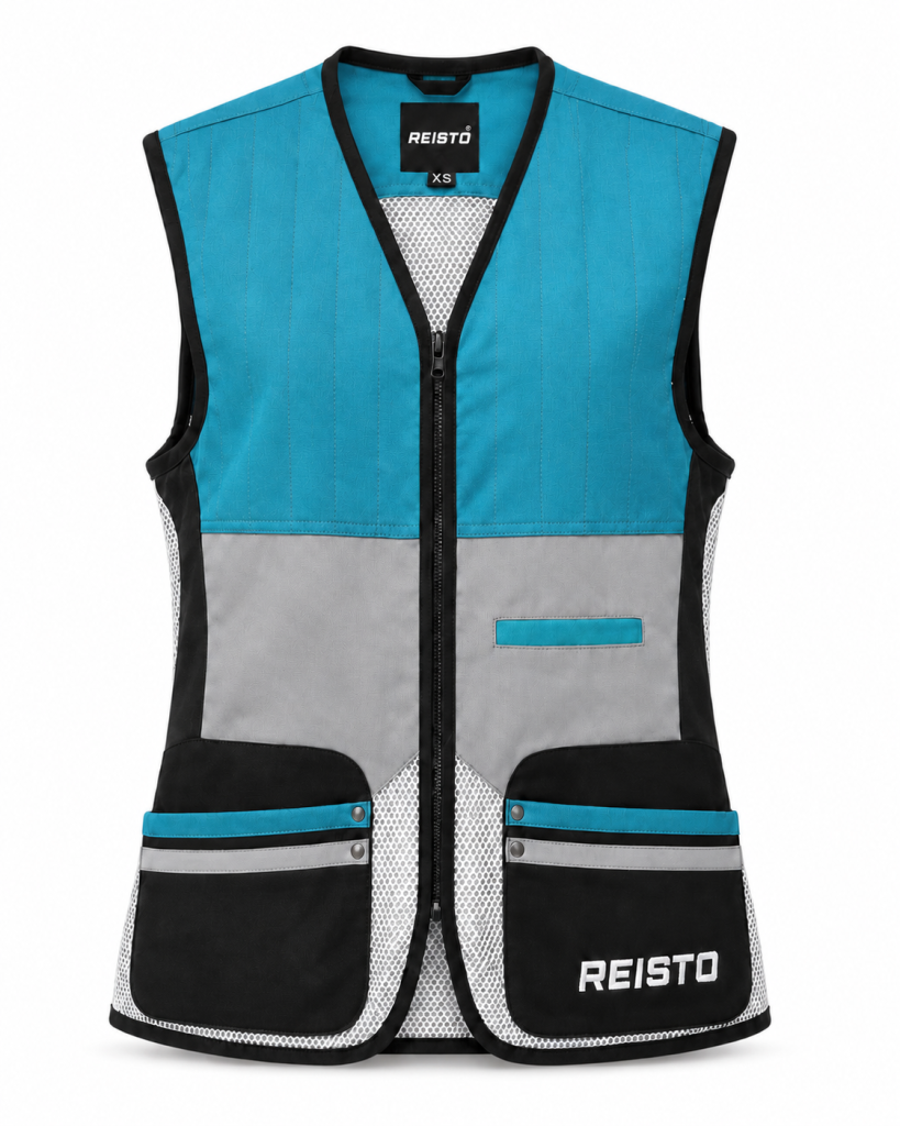 REISTO® Women’s Signature Clay Shooting Vest in teal, grey and black, shown front-facing with padded stitched panels, cartridge pockets and white mesh detailing.