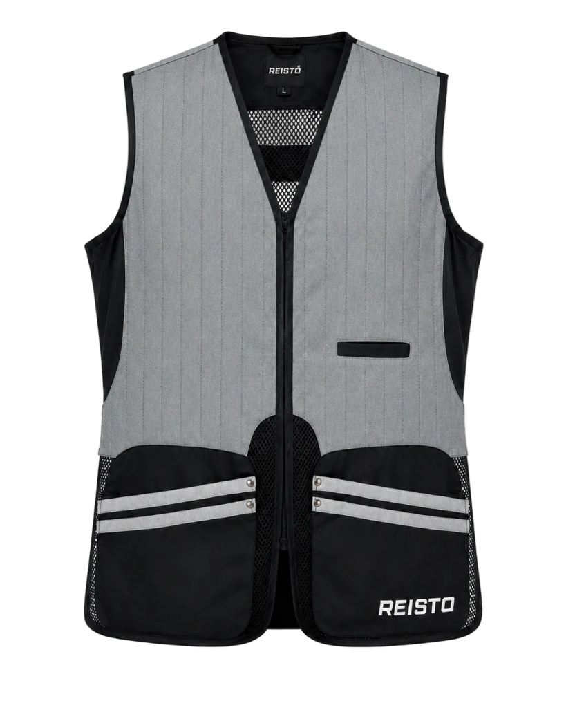 Grey and black REISTO Signature clay shooting vest for larger men