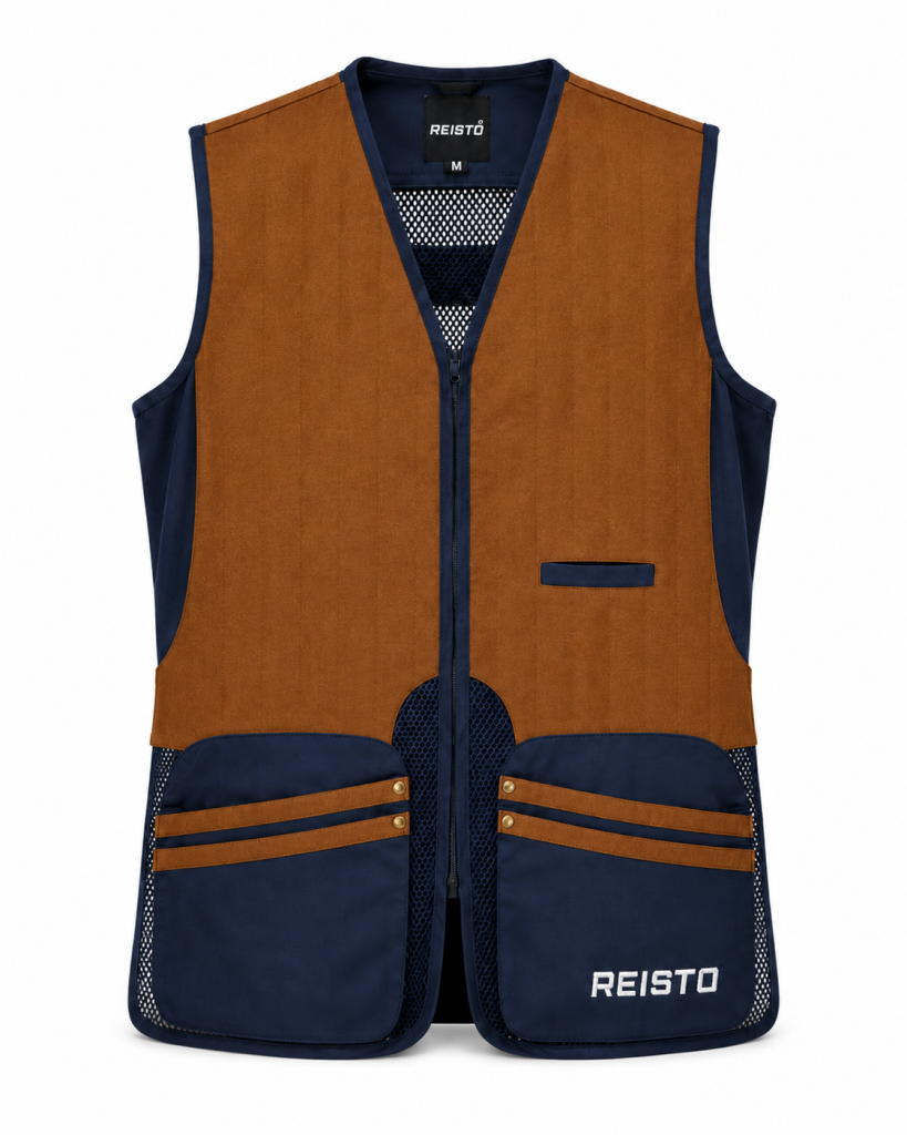 Tan and navy REISTO Signature clay shooting vest for larger men